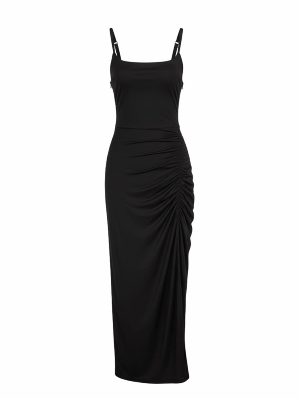 Women's Black Ruched Side Maxi Dress- Popilush